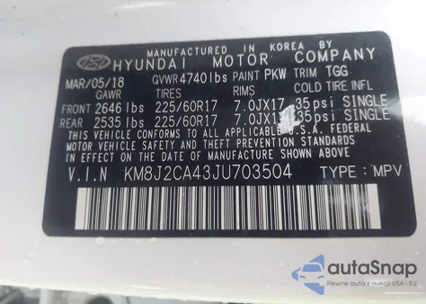 2018 Hyundai Tucson Se z USA, uszkodzony, nr VIN KM8J2CA43JU703504